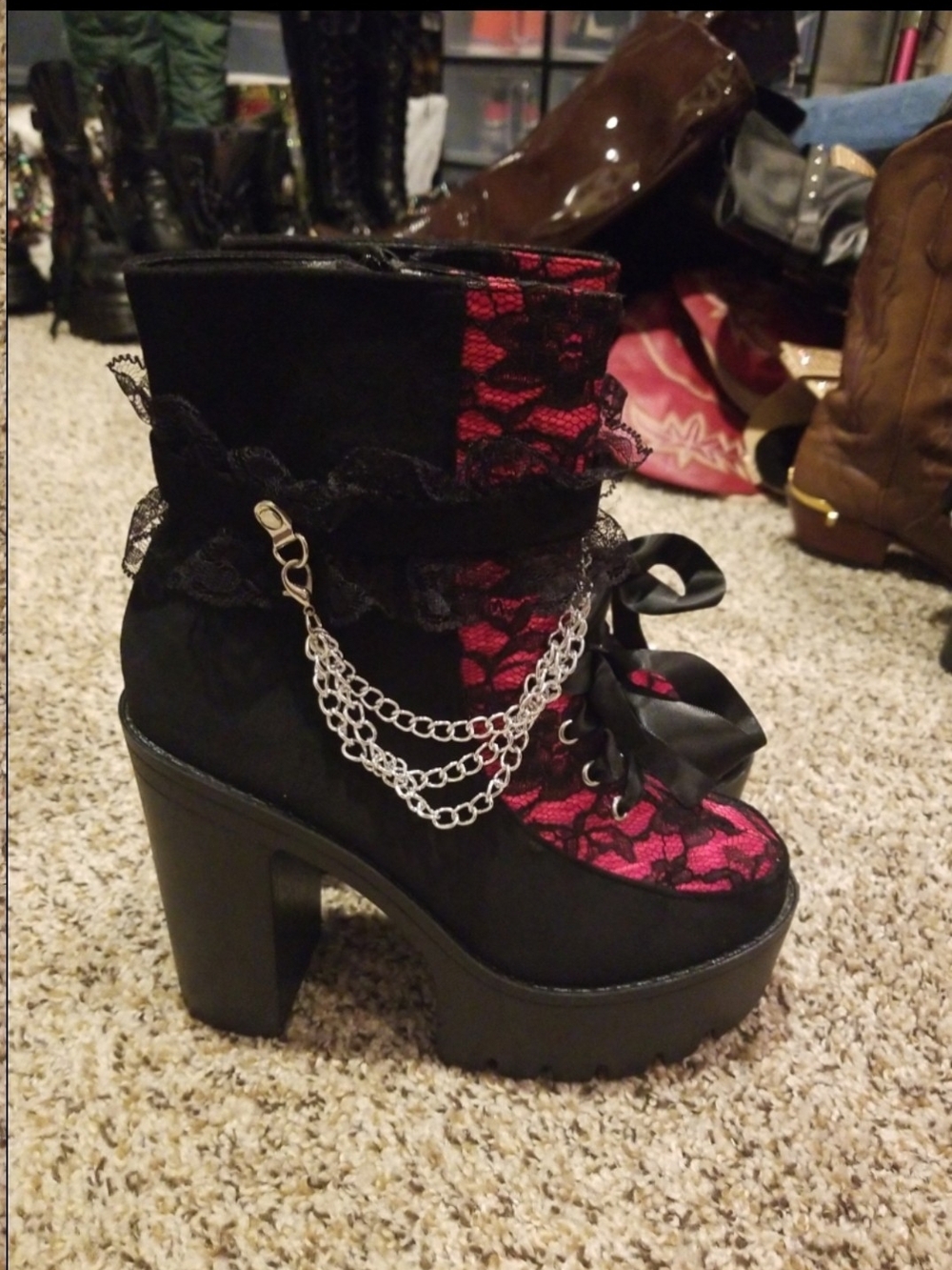 Black and Red Lace Platform Ankle Boots with Chain Accent